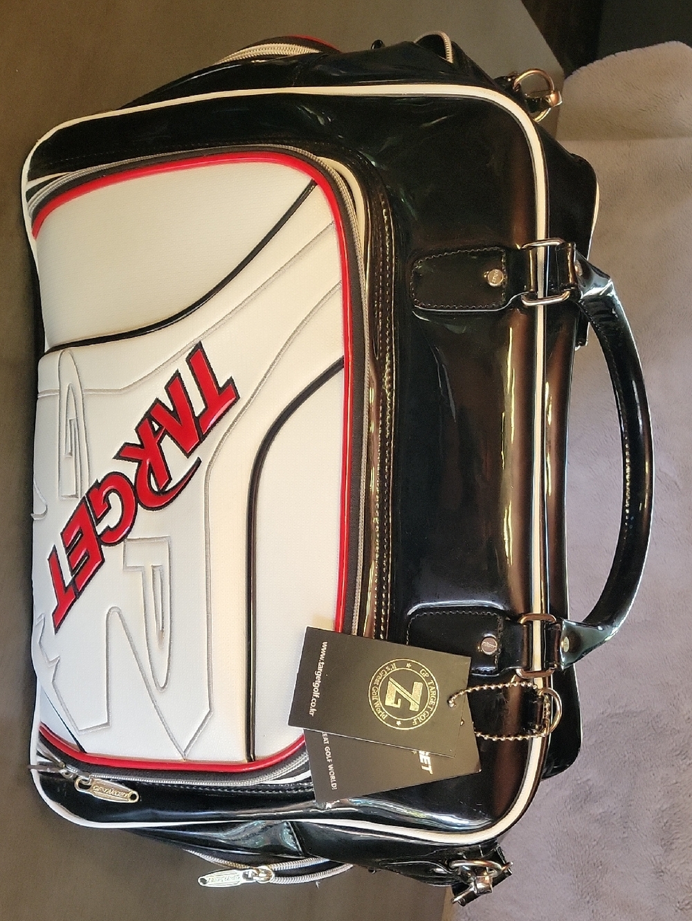 Black and White Travel Duffle Bag with Red Accents